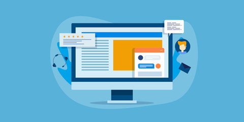 Live chat support system window showing on computer screen, online customer service, chat communication, digital web concept. Flat design banner template.