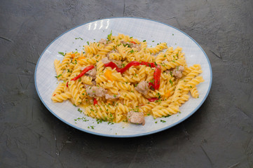 Italian pasta with meat, cheese, spices, parsley and red tomato sauce. Gourmet traditional food