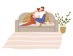 Adorable romantic couple hugging on sofa under the plaid. Man and woman cuddling on sofa. Flat vector illustration