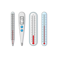 Set of medicine thermometers in flat style.