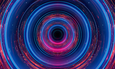 Abstract neon background with light circles, geometric shapes made of neon. Abstract light, scene, purple, pink, blue neon, portal. Futuristic neon background, neon circle.