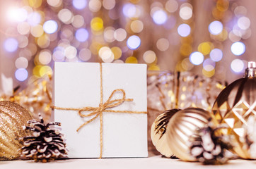 Christmas and New Year gifts and decorations on a blurred background with free copyspace