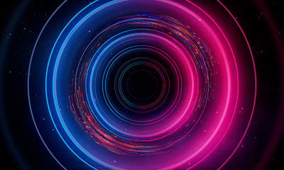 Fototapeta na wymiar Abstract neon background with light circles, geometric shapes made of neon. Abstract light, scene, purple, pink, blue neon, portal. Futuristic neon background, neon circle.