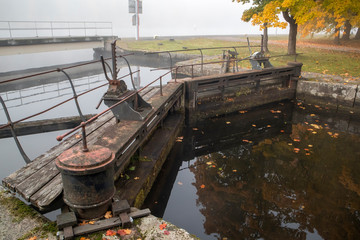 foggy morning at the historic Saimaa canal in Mustola, Lappeenranta Finland