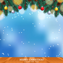 fir leaves garland decoration with pine cone, bauble sphere with sky blue background with wood floor for christmas event