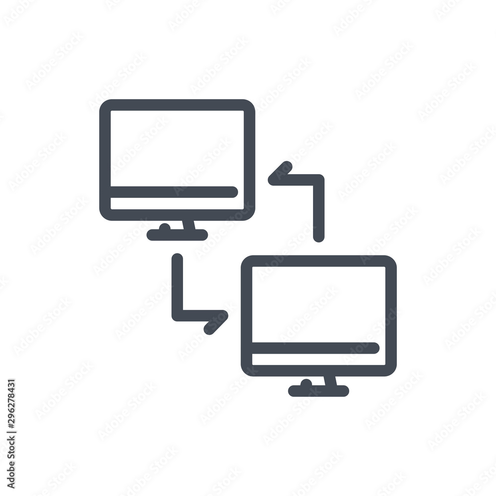 Poster computer synchronization line icon. information exchange vector outline sign.