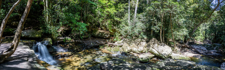 Naklejka na ściany i meble Sun dappled panoramic view of Somersby Falls and woods at Somersby, NSW, Australia