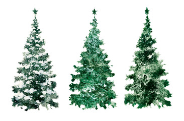 Set of green Christmas trees, silhouettes of trees, elements for needlework and design. Collection of colorful trees for creating greeting cards.