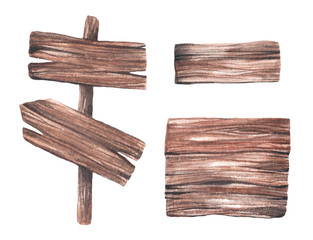 Wooden boards and signs isolated on white background. Watercolor wood sign, arrow, banner. Hand painted wooden texture with place for text. Children and weddings design. Watercolour drawing clipart.