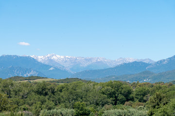 Landscape shot with green forests, mountains and a blue sky