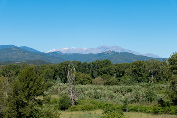 Landscape shot with green forests, mountains and a blue sky