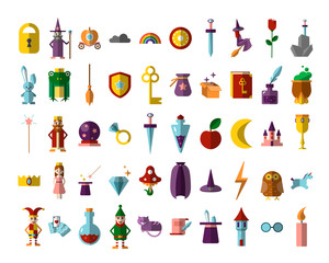 Flat vector set of fabulous magical halloween items. Book, magic ball, wizard hat, bottles with elixirs, castle, cauldrons, personages and animals. Gaming resources
