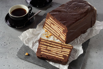 Dark chocolate biscuit cake and coffee