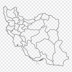 Blank map of Islamic Republic of Iran. High quality map of  Iran with provinces on transparent background for your web site design, logo, app, UI. Stock vector.  EPS10. 