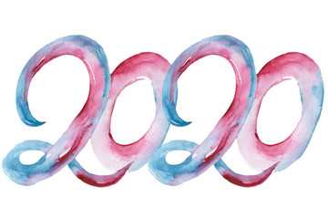   2020 watercolor New Year sign on white background. New Year illustration.