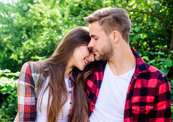 Obraz premium Happy together. Couple in love. Enjoying each other. Cuddling with darling. Man hipster and pretty woman in love. Summer vacation. Fall in love. Pure feelings. Romantic date concept. Beautiful people