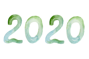   2020 watercolor New Year sign on white background. New Year illustration.