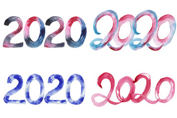   2020 watercolor New Year sign on white background. New Year illustration.