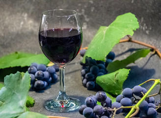 Grapes in a glass with wine on a black background. Grones of grapes with green leaves..