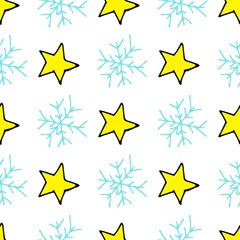 Christmas watercolor seamless pattern with Christmas toys, gifts and snowflakes. Perfect for wallpapers, wrapping paper, pattern fills, winter greetings, web page background. Separate illustrations
