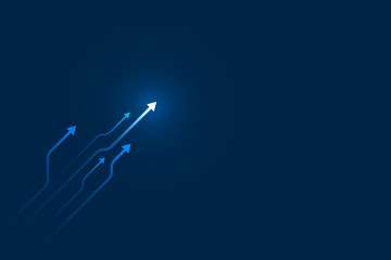 Up arrows circuit style on blue background illustration, copy space composition, digital growth concept.