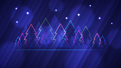 Abstract glowing neon colored Christmas trees over blue background © Lawkeeper