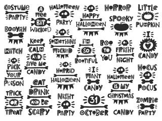 Halloween hand drawn lettering set. Quote sketch typography. Vector inscription slogan. Handwritten calligraphy collection with traditional symbols. Party art design. Sticker, icon, logo, label
