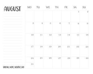 Monthly printable planner, organizer and schedule template for August 2020. 