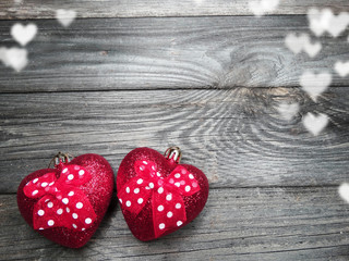 valentine's day red heart decor on wooden background with copy space