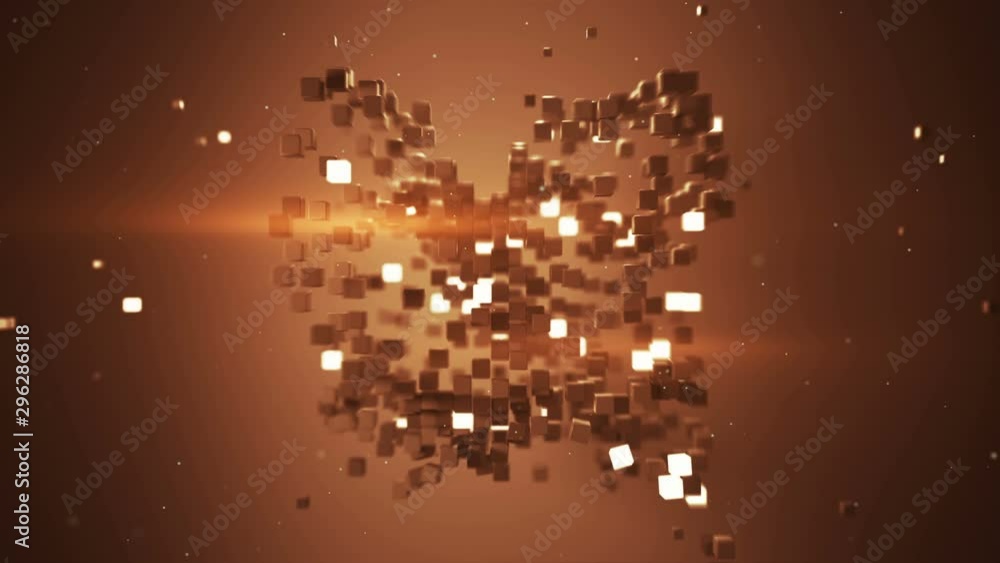 Poster cubic particles in free space and red light stripes. abstract futuristic technology concept. seamles