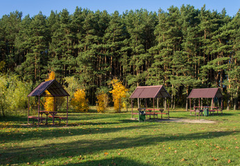  Free gazebo bower for relaxing in the autumn public park.