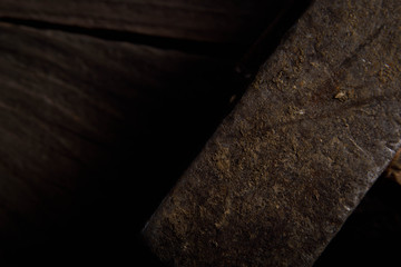 Different workpieces on a wooden background. Hedge wrenches keys, hammer