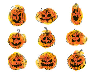 Collection of halloween orange autumn pumpkins with scary monster faces. Vector set. Cartoons with watercolor texture. Holiday background. Hand drawn design elements. For postcards, greetings 