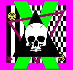 Skull icon background with black Triangle, neon letter X and Black and white mosaic