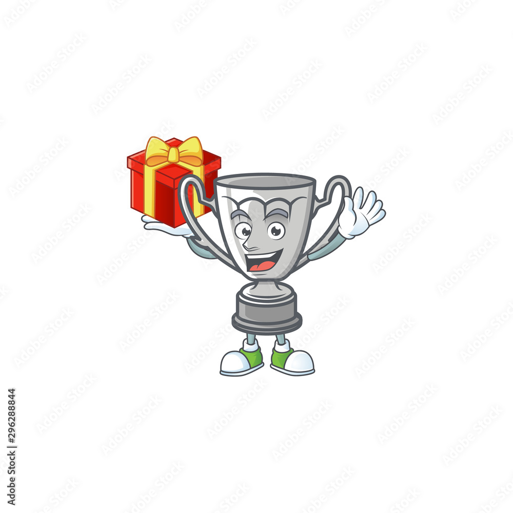 Poster bring gift cartoon silver trophy on white background.