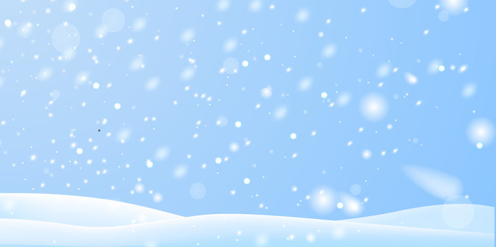 Winter snow background on blue backdrop. Magic white snowfall texture. Vector 3d illustration.