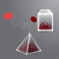 Realistic tea bags of two different forms with red hibiskus tea on transparent background. Vector © mariaaverburg