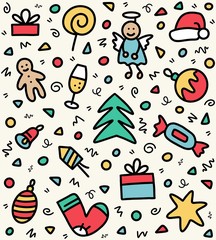 Colorful hand drawn New Year and Christmas doodle pattern with champagne, tree, candy, ball, star, angel, sock and fireworks. Flat vector illustration