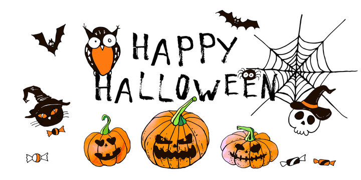 Happy halloween greeting card. Vector stock set. Cute cartoons with BOO lettering. Holiday background. Hand drawn design elements. For postcards, greetings, logo.