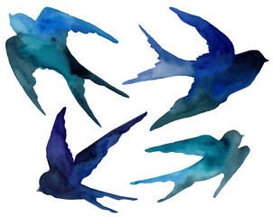 Watercolor set of swallows silhouette perform in wet technique with paint stains. Design for decoration, backgrounds, packaging, covers, postcards and textile.