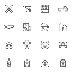 Fototapeta premium Agriculture line icons set. linear style symbols collection, outline signs pack. vector graphics. Set includes icons as wheelbarrow, tractor, truck, milk bottle, cow, pig, chicken egg, scissors, barn