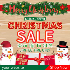 christmas sale banner design with snowman gift box