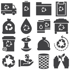 Ecology vector icons set, modern solid symbol collection filled style pictogram pack. Signs logo illustration. Set includes icons as trash can, recycle bin, battery, eco truck, ecology document folder