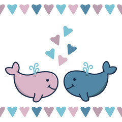 Lovers cute whales, pink and blue hearts. Seamless border. Graphics for Valentine's day cards. Cartoon vector illustration.