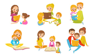 Family Reading Book Together. Parents With Thiir Kid Reading Fairy Tale Vector Illustrations Set