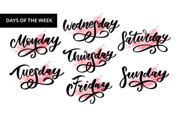 Vector handwritten week days and symbols set. Ink font. Stickers for planner and other. Clipart. Isolated.