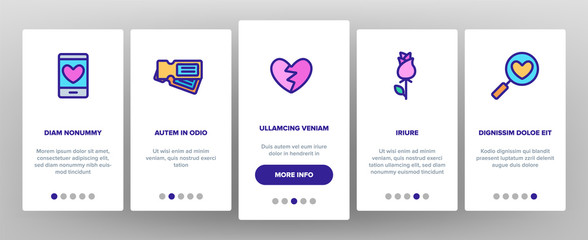 Dating Love Onboarding Mobile App Page Screen Vector Thin Line. Heart On Laptop Monitor And Gps Mark, On Postcard And Magnifier Dating Concept Linear Pictograms. Contour Illustrations