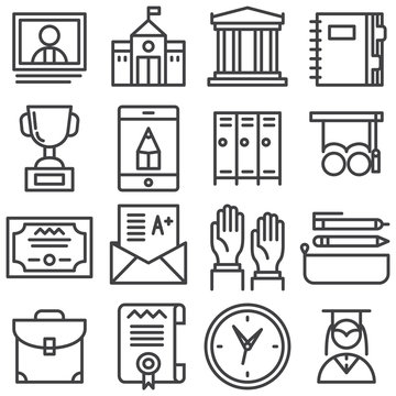 Education line icons set. linear style symbols collection, outline signs pack. vector graphics. Set includes icons as school building, library, notebook, school bag, graduate student, elearning, clock
