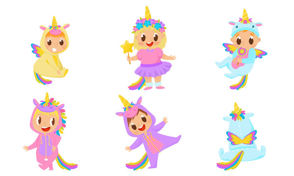 Baby Child Wearing Unicorn Costume And Laughing Vector Illustrations