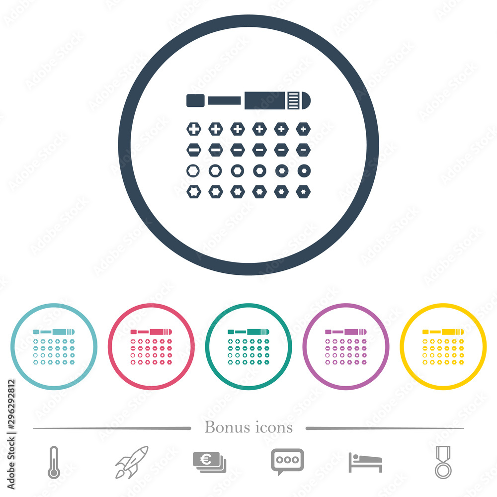 Poster set of screwdriver bits flat color icons in round outlines